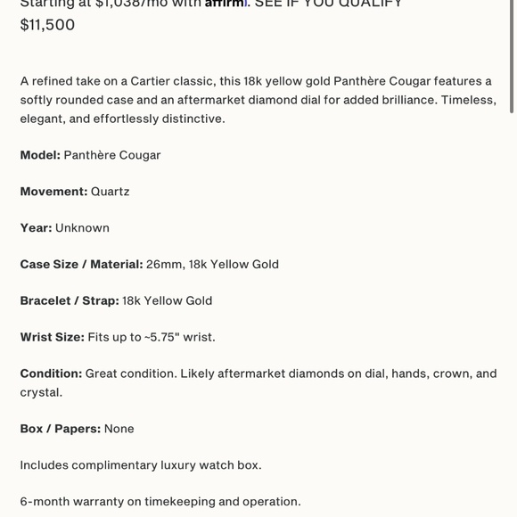 CARTIER PANTHÈRE COUGAR 18K YELLOW GOLD WITH DIAMOND DIAL - Picture 5 of 5